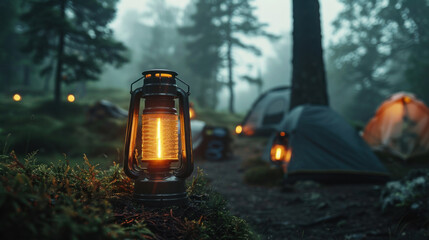 A cozy camping scene with glowing lantern and tents during a misty evening in a peaceful forest