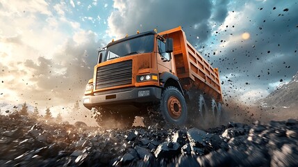 A heavy duty construction truck forcefully navigates through mud and debris defying the elements on a challenging worksite amid a dramatic cloudy sky