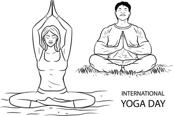 International Yoga Day 2025 global, black and white line drawing vector illustration 