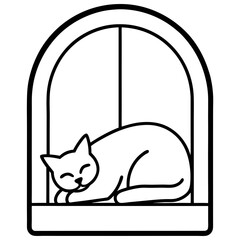 Sleeping cat in window silhouette vector illustration
