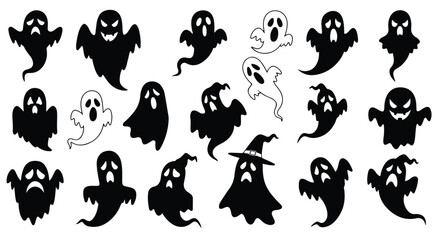 This black and white image features a variety of Halloween ghosts, some with sad, angry, or surprised expressions, and one wearing a witch's hat for added spooky flair.