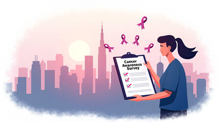 A woman holds a clipboard labeled "Cancer Awareness Survey" with checkmarks, standing against a city skyline at sunset, symbolizing efforts to raise awareness and fight cancer.


