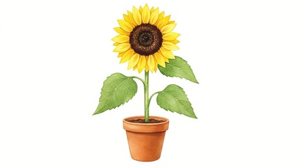 Obraz premium A vibrant sunflower in a pot, symbolizing joy and summer, captured with artistic detail against a clean white background.