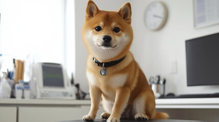 Shiba Inu dog in veterinary collar sits on table in veterinary office.
