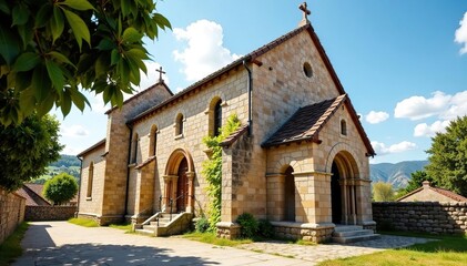 Obraz premium Ancient stone church exterior, weathered facade, cathedral, architecture
