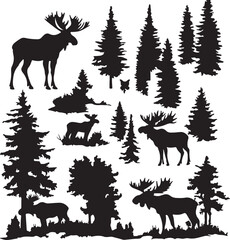 Black Silhouette Forest Animals: Moose, Trees, and Nature Elements for Design