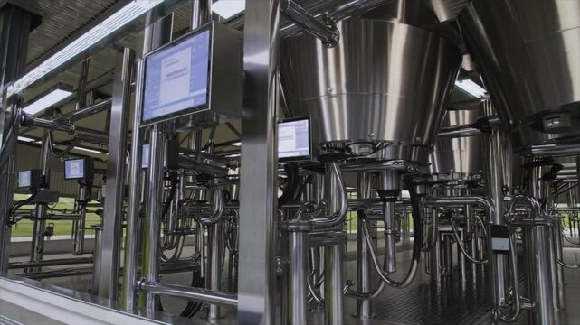 Innovative dairy processing facility showcasing modern equipment and technology used for efficient milk production in a rural setting