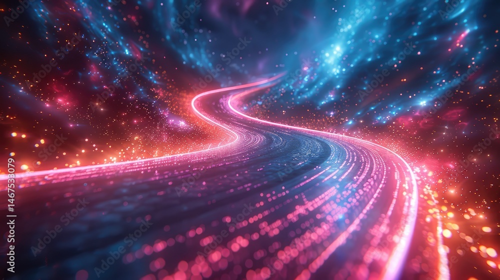 Poster futuristic tunnel with vibrant pink and blue lights. abstract artwork of starry sky and planet with 