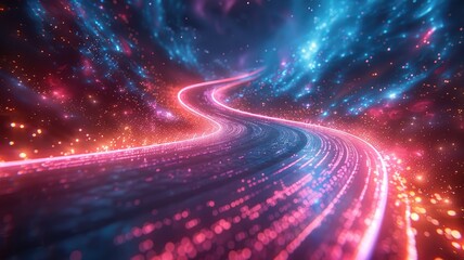Obraz premium Futuristic tunnel with vibrant pink and blue lights. Abstract artwork of starry sky and planet with glowing red line and dark sky. Nebula outer space scene. Digital art for design and print. AIG53.