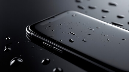 Minimalist 3D smartphone design with water droplets on a sleek surface against a dark background