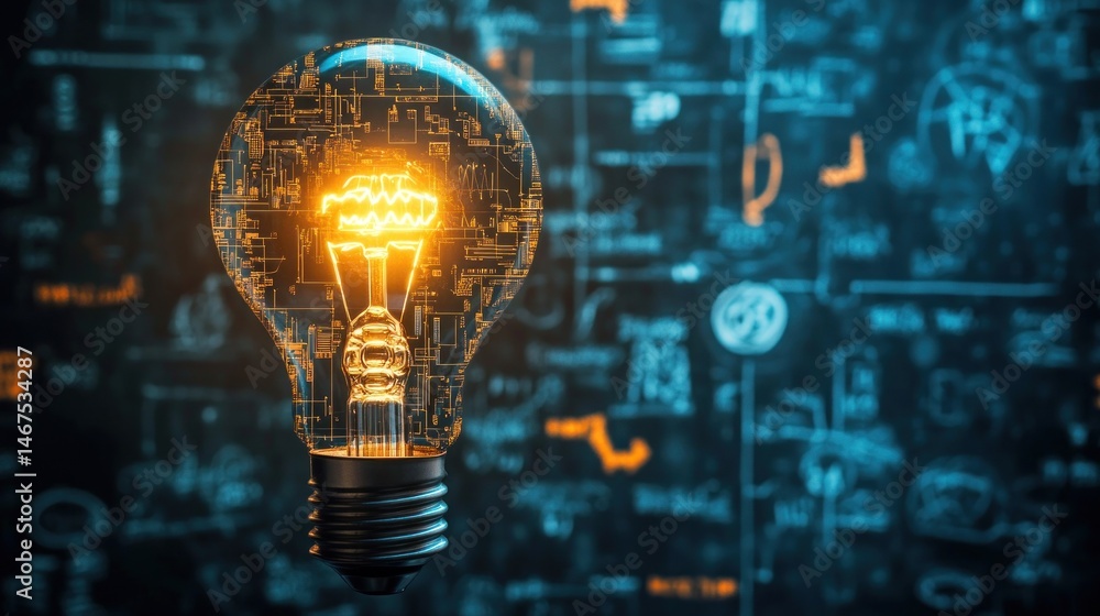 Poster illuminated light bulb with digital circuit design background