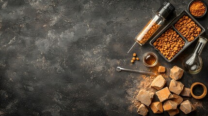 A photograph featuring various chemistry analysis tools and mineral rock samples displayed on a dark textured background with copyspace on the right side for additional information or text