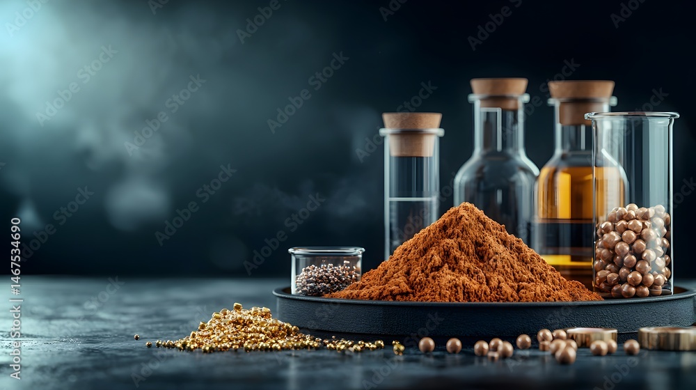 Poster laboratory setup displaying various rare earth elements and mineral samples extracted from ore on a 