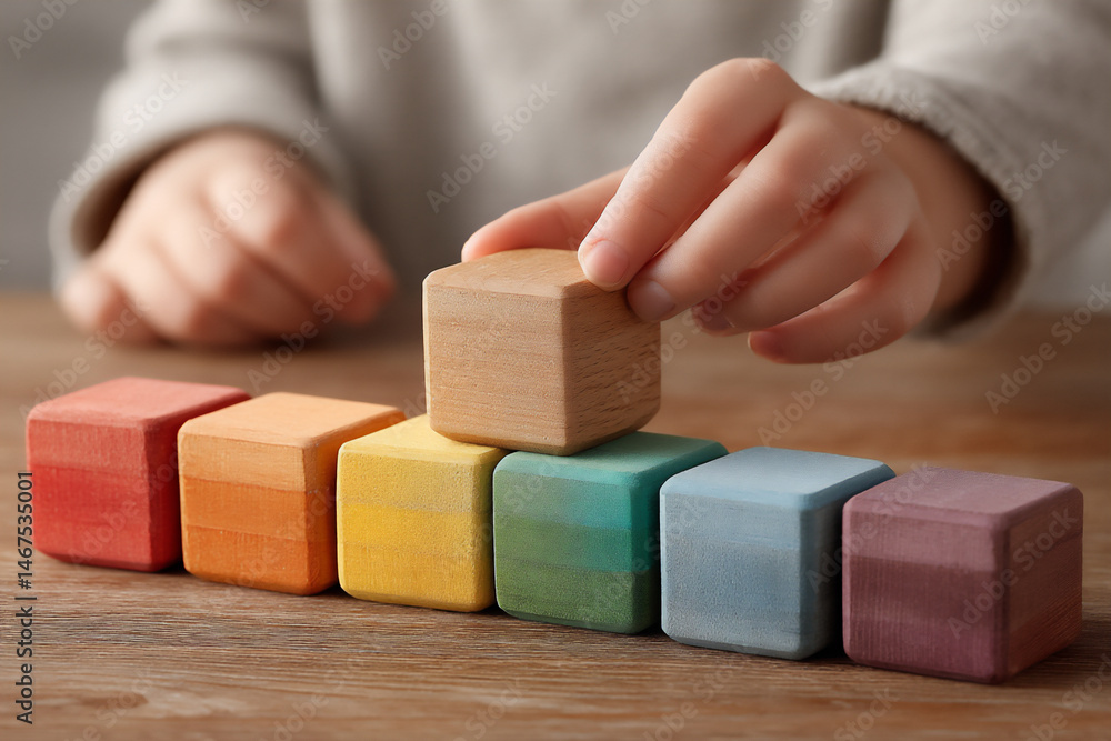 Poster child building with blocks in summer learning