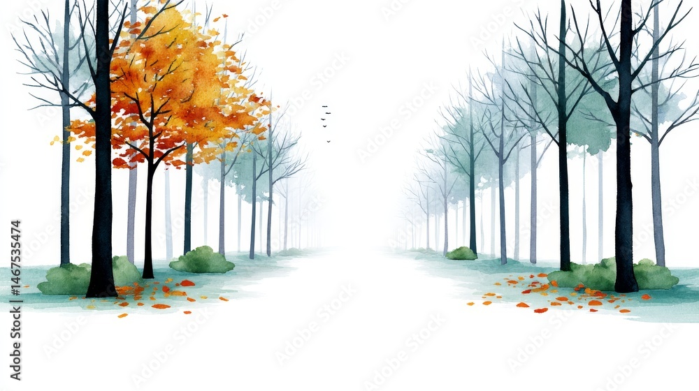 Poster autumn path through leafless trees - a watercolor painting of a pathway through a forest, with one t