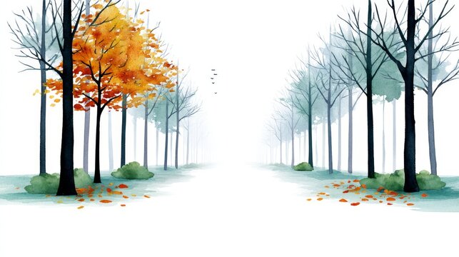 Autumn Path Through Leafless Trees - A watercolor painting of a pathway through a forest, with one tree displaying vibrant autumn leaves, surrounded by bare trees