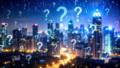 Fototapeta premium Question mark confusion visual concept. City skyline with rain and question marks overlaying the scene.