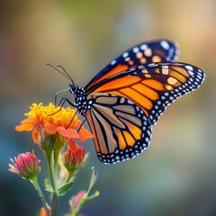 Fototapeta premium A striking macro shot of a Monarch Butterfly delicately perched on a flower its bright orange and black wings sharply detailed The blurred floral background enhances the subjects beauty K