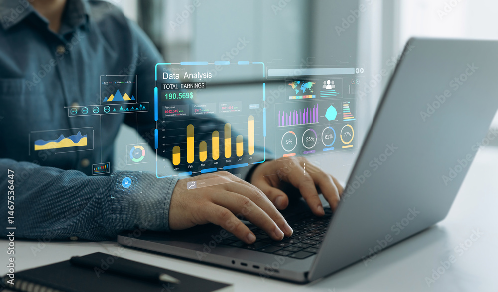 Poster Person using business analytics Dashboard.Financial business KPI System data analytics graph dashboard.Data and metrics connected in database for follow corporate finance earnings,operations and sales