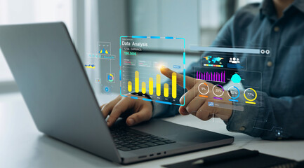 Person using business analytics Dashboard.Data and metrics connected in database for follow...