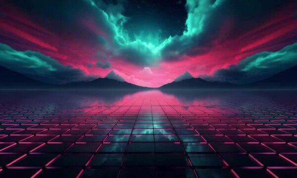 A surreal landscape with vibrant colors and reflective surfaces under dramatic clouds.