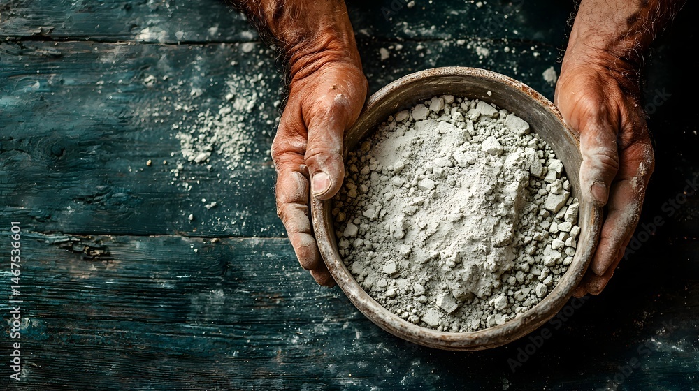 Poster close up of weathered hands carefully separating and examining an unprocessed mineral sample in a ru