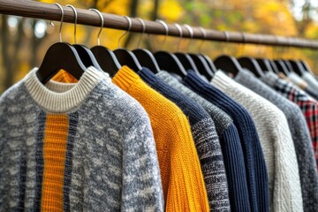 Autumn sweaters on display, park background, fall fashion