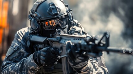 Soldier aiming weapon during tactical training in urban setting