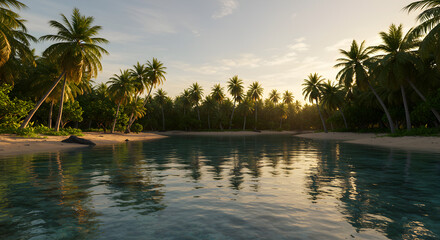 Tropical Beach with Palm Trees and Calm Water at Sunset