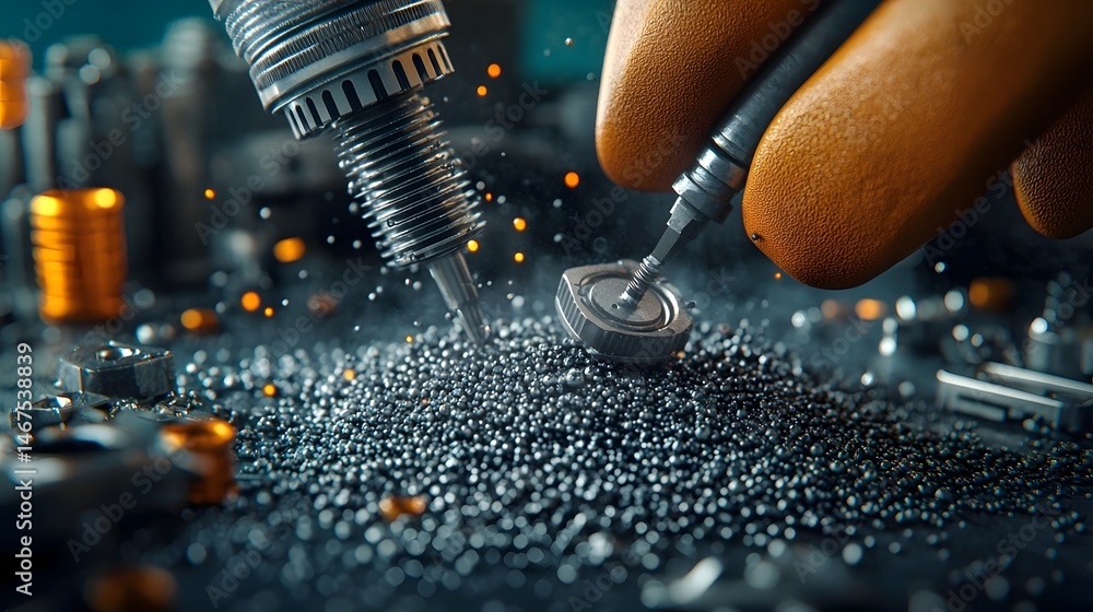 Poster a close up view of metallic components and intricate high tech electronics being meticulously examin