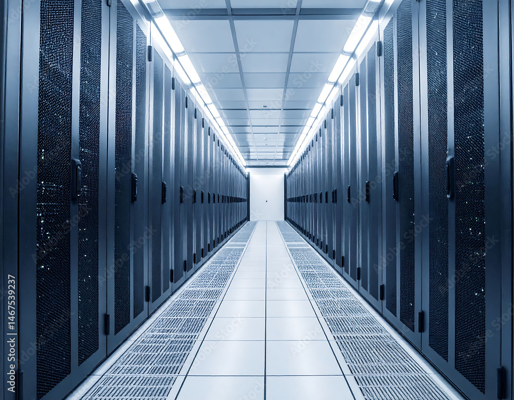 Poster server room corridor view with rows of computer racks. a data center background showcasing informati