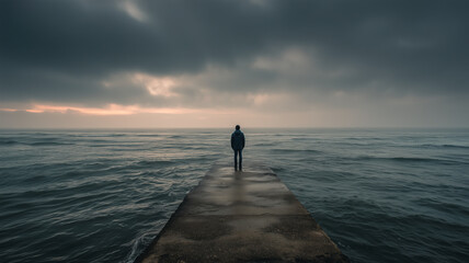 Contemplative Figure at Ocean's Edge: A solitary person on a pier, gazing out at the stormy sea under a cloudy sky.