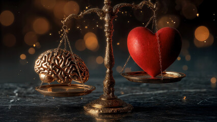 Golden scales hold brain and heart, illustrating tension between logic and emotion in pursuit of balance. Conceptual visuals of balance invite reflection on harmony of reason and feeling