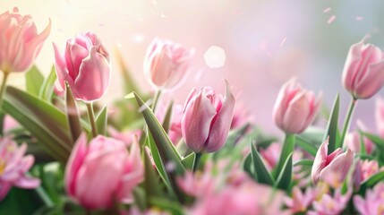 Close up of pink cherry blossoms with bokeh background. Background image of green leaves and vibrant color flower with blue sky. Springtime floral photography for cards. Nature decoration. AIG51.