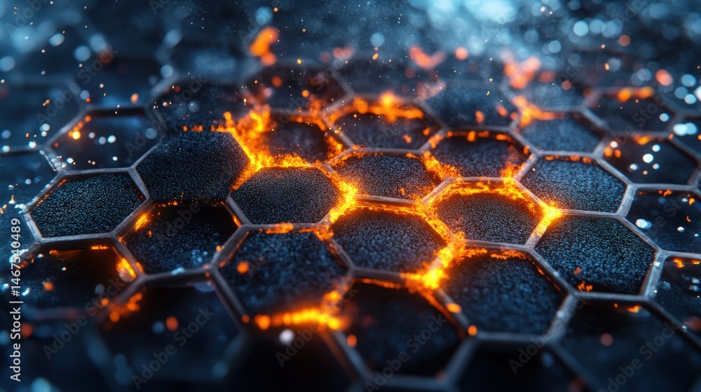 Poster futuristic hexagonal pattern with glowing fiery orange highlights on dark textured surface emphasizi