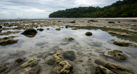 Low Tide Beach Scape with Rocks and Forest Backdrop Under Cloudy Sky