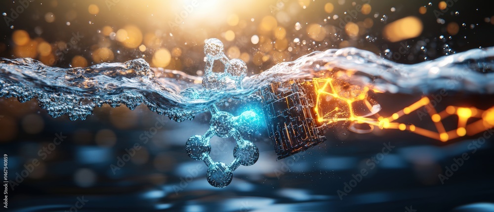 Poster futuristic technology concept with glowing digital blockchain chain linking underwater data streamin