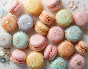 Obraz premium Colorful Macarons Assortment on White Surface, Dessert Treat