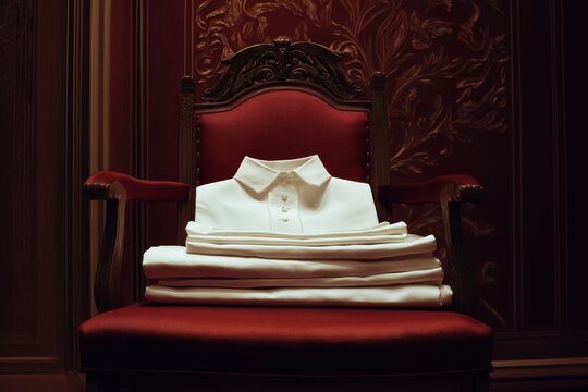 Folded White Papal Garments on Velvet Chair, Symbolic Transition and Legacy in Empty Room
