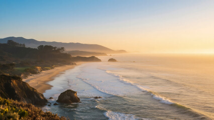 Golden sun paints the sky and sea with clouds over the beach landscape at dusk or dawn