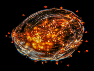 A stunning formation depicts a brain coming to life, constructed from swirling particles of light and neurons in dynamic motion, symbolizing the birth of intelligence and creativity