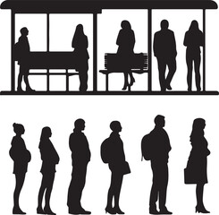 Silhouetted People Waiting at Bus Stop: Vector Illustration of Passengers in Black and White