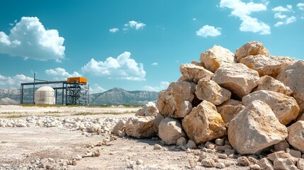 A vast desert landscape with piles of rugged light colored rocks situated near industrial mining and extraction equipment against a bright cloudy sky