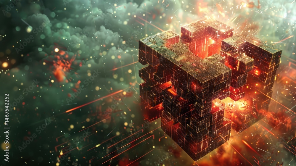 Poster abstract glowing cube structure in sci-fi landscape at sunset. digital artwork of 3d rendering of cu