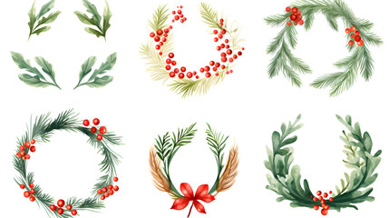 Festive Christmas watercolor wreath set on clean white background for creative projects