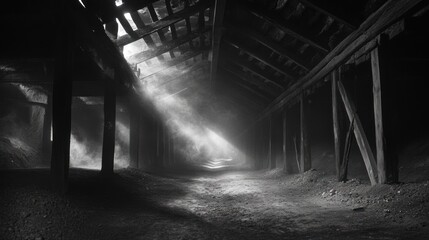 Sunbeams pierce dark industrial interior