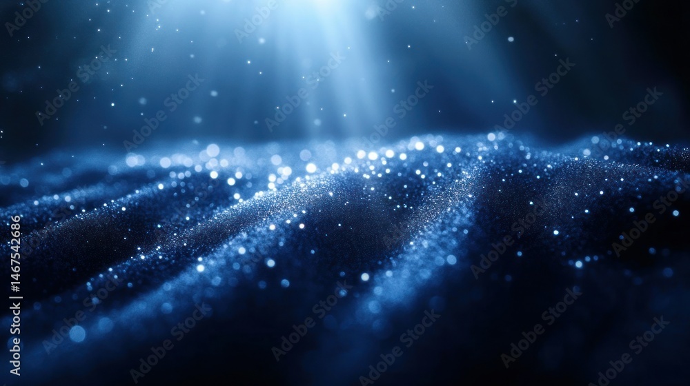 Poster deep blue, textured surface with sparkling particles, illuminated by spotlight. abstract digital art