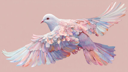 Obraz premium Pastel Dove in Flight: A soft, ethereal illustration of a dove with plumage in delicate pastel shades, creating a serene and dreamlike image.