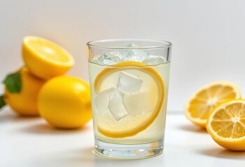 Iced lemonade in a glass, condensation, summer refreshment, white background,  summertime, thirst quencher