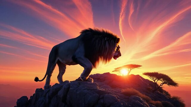 The lion stnading on the top of mountain silhouette sunset , 4K video.